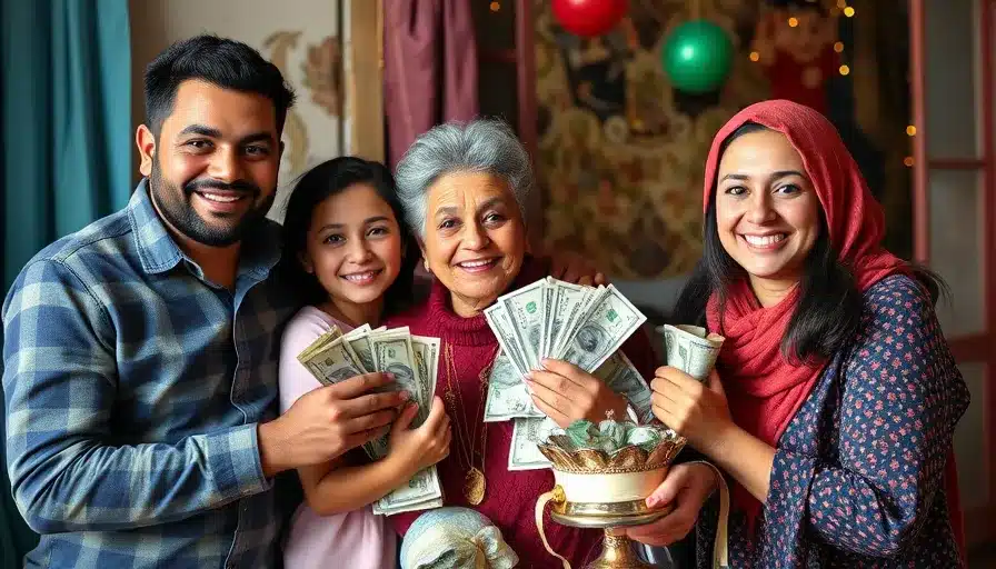 family holding up money