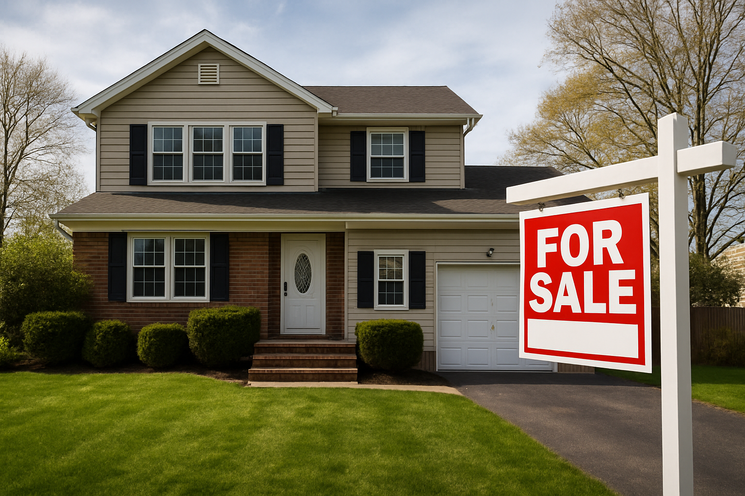 Photorealistic horizontal image of a typical Long Island, New York family home with a bright red For Sale sign on the front lawn.